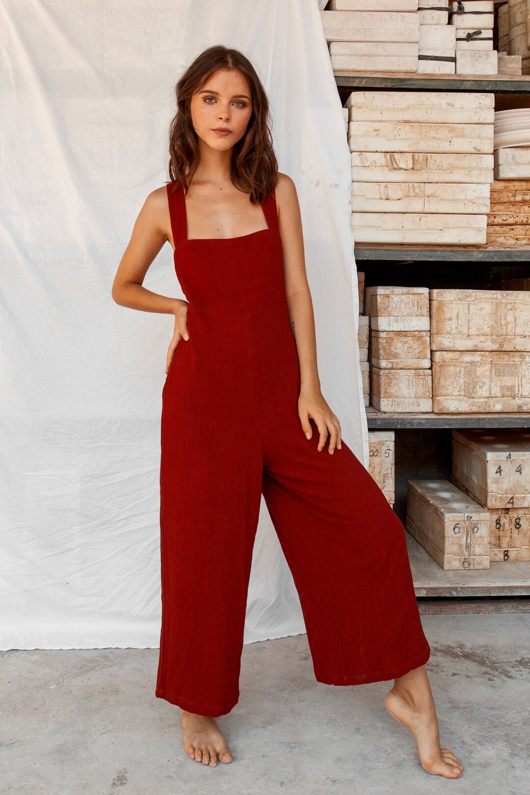 オールインワン・サロペット ALYSI LINEN WIDE-LEG JUMPSUIT Aylin Textured Linen Wide Leg Jumpsuit – Classic Trendz Boutique