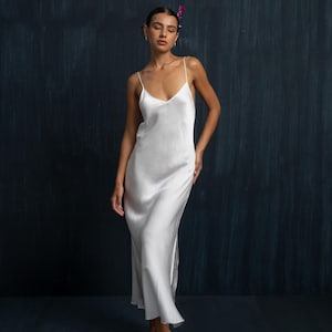 White Elegant Sleeveless Silk Midi Slip Dress • Natural Dye Bohemian Goddess Attire • Organic Summer Evening Cocktail Masterpiece