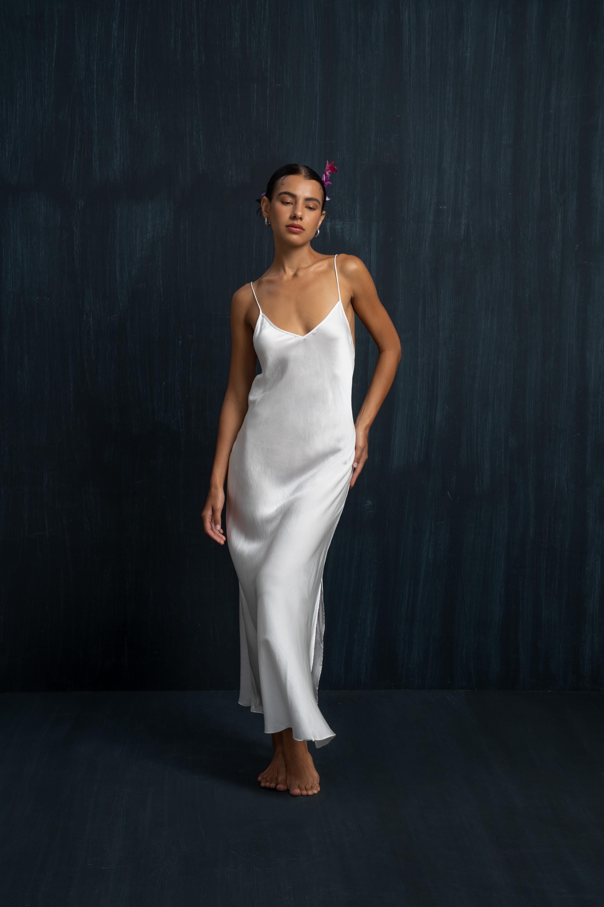 White Elegant Sleeveless Silk Midi Slip Dress Natural Dye Bohemian Goddess Attire Organic Summer Evening Cocktail Masterpiece