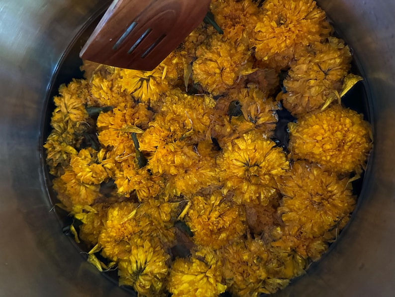 Op de afbeelding: Een bovenaanzicht van een roestvrijstalen pot gevuld met heldergele goudsbloembloemen. Een houten spatel rust op de rand van de pot. De bloemen zijn dicht opeengepakt, waardoor een levendig, gestructureerd oppervlak ontstaat.