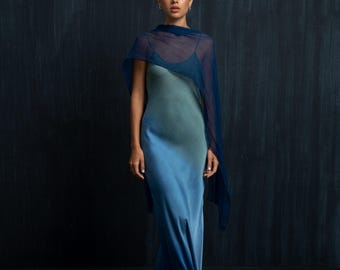 Indigo Luxury Silk Dress, Blue Ombre Dress, hand-dyed with Plants, Prom silk satin dress, Long dress, Bridesmaids, Wedding, Evening Dress
