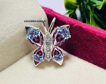 Lab Grown Alexandrite Butterfly Pendant: Sterling Silver Pear Cut Necklace