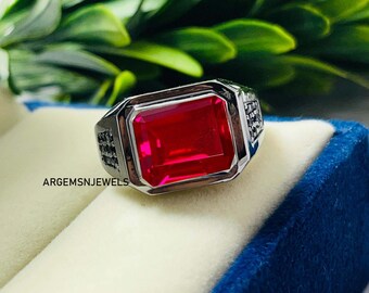 Emerald Cut Lab Ruby Ring: 925 Sterling Silver Red Gemstone