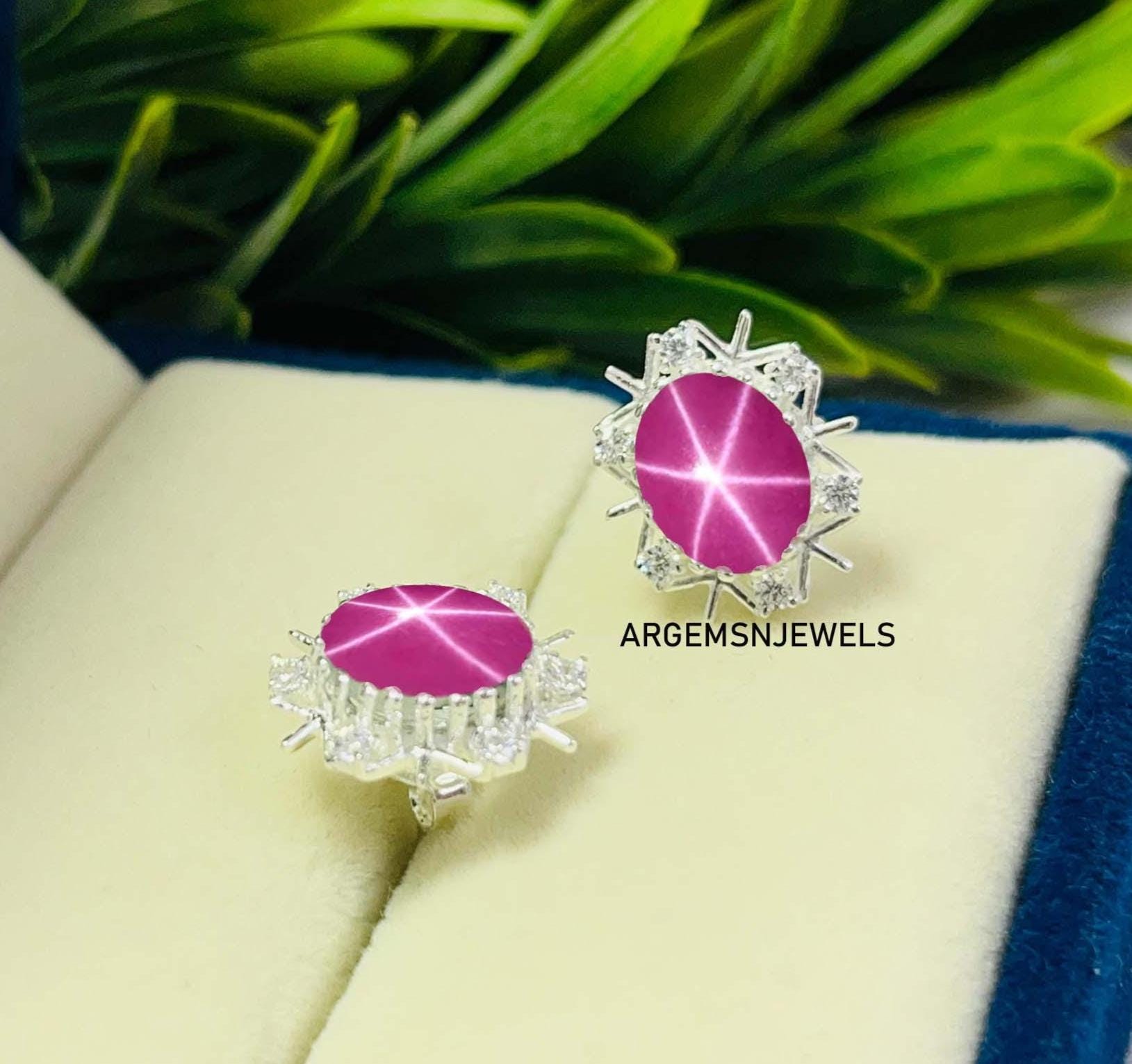 Pink Star Sapphire Stud Earrings: 925 Sterling Silver, Lindy Style 