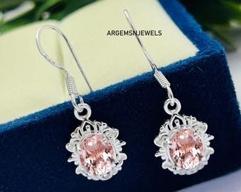 Lab Morganit Oval Cut Tropfen Ohrringe, Rosegold Filigree, 925 Sterling Silber