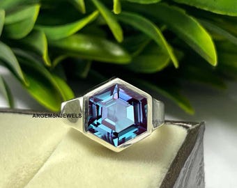 Hexagon Lab Alexandrite Ring: Sterling Silver Color Changing Gemstone