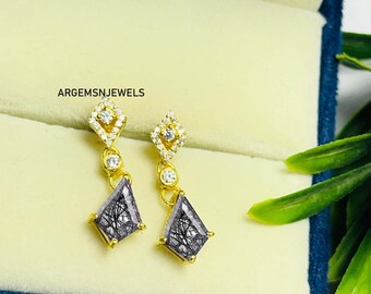 Black Rutilated Quartz Kite Cut Earrings, 925 Sterling Silver Studs