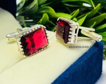 Emerald Cut Lab Ruby Cufflinks, 925 Sterling Silver