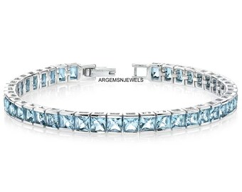 Princess Cut 4MM Blue Topaz Bracelet, Topaz Tennis bracelet, Anniversary Gifts, Wedding Bridal Bracelet, Unique Gifts For Her