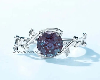 Alexandrite Engagement Ring For Women Sterling Silver Ring Bridal Engagement Ring Nature Inspired Leaf Healing Gemstone Ring