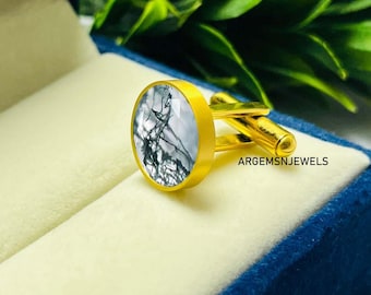 Moss Agate Cufflinks: Round Sterling Silver Groomsmen Jewelry