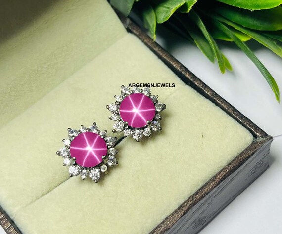 Pink Star Sapphire Stud Earrings: 925 Sterling Silver, 7mm Round