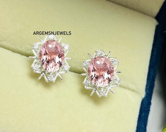 Art Deco Peach Morganite Earrings, 925 Sterling Silver Vine Studs