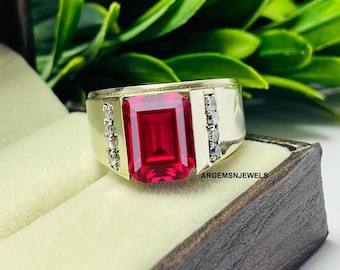 Emerald Cut Lab Ruby Ring, 925 Sterling Silver, Men's Wedding Ring
