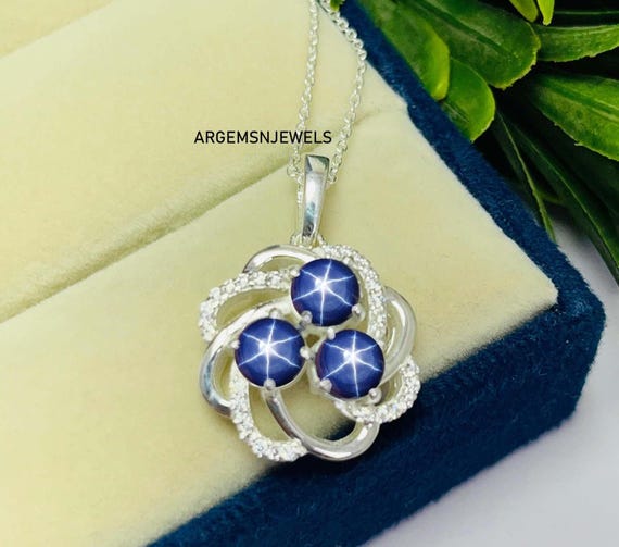Round Blue Lindy Star Pendant, Women's Blue Star Sapphire Pendant