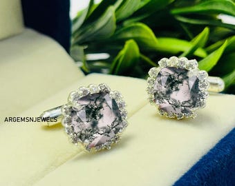 Cushion Cut Moss Agate Sterling Silver Cufflinks, Groomsmen Gift