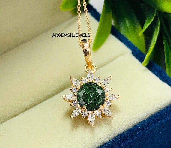 Green Sandstone Pendant: Sterling Silver Art Deco Necklace