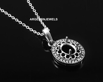 Colgante de plata de ley con semimontaje: piedra ovalada de 7 x 9 mm, engaste en garras