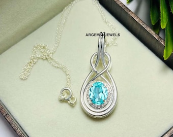Lab Paraiba Tourmaline Necklace: 925 Sterling Silver Green Gemstone Pendant