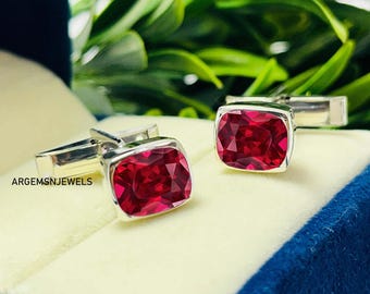 Ruby Men's Cufflinks: Cushion Cut Lab Ruby, Sterling Silver