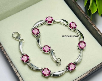 Lab Ruby Sterling Silver Bracelet: Round Cut Gemstone, Wedding Jewelry