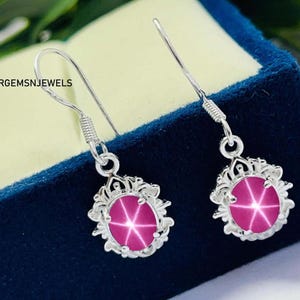 Pink Star Sapphire Sterling Silver Earrings: Lindy Star Ear Wire