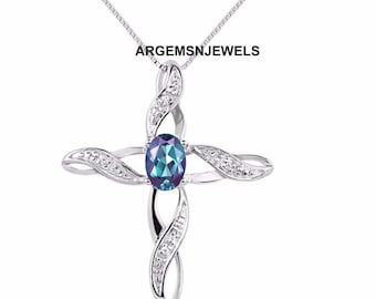 Alexandrite Cross Pendant-June Birthstone Necklace Women-925 Sterling Silver-Color Change Necklace-For Bridal-For Her-Engagement Gift