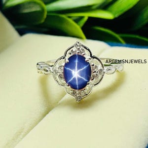 Oval Star Sapphire Ring Sterling Silver 925 Blue Star Sapphire Ring Silver Lindy Star Ring