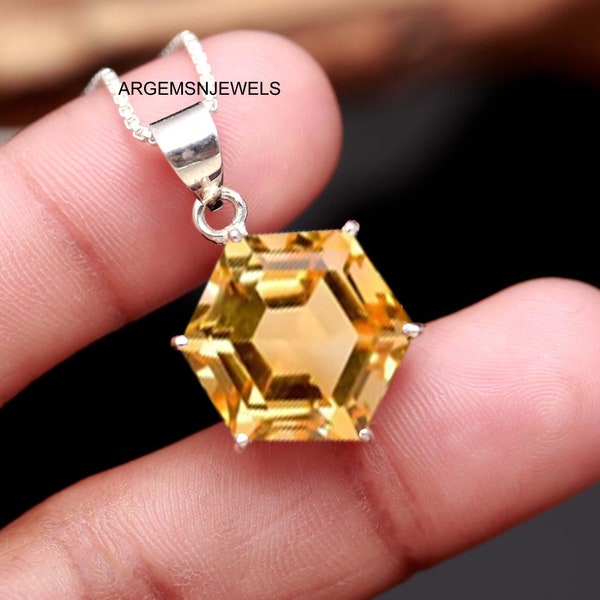 Hexagon Shape Topaz Necklace, November Birthstone Pendant, Golden Topaz Pendant, Yellow Gems Pendant, Bridal Pendant
