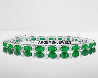 Emerald Oval Cut Tennis Bracelet, Sterling Silver Gemstone Jewelry