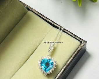 Lab Paraiba Tourmaline Necklace: 925 Sterling Silver Heart Pendant