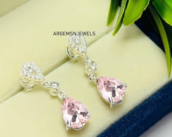 Lab Morganite Pear Cut Earrings, 925 Sterling Silver Halo Flower Design