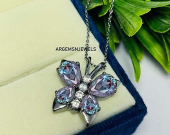 Alexandrite Butterfly Necklace: Pear Gemstone, Black Silver Pendant