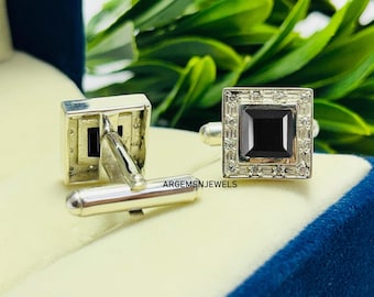 Zwarte onyx-manchetknopen: sterlingzilveren handgemaakte smokingstekers