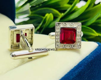 Men's Sterling Silver Ruby Cufflinks: Square Cut Lab-Created Gemstone