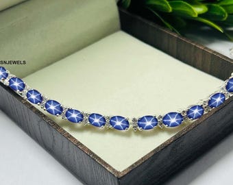 Blue Star Sapphire Bracelet Infinity Style Oval Cabochon Blue Lindy Star Bracelet in 925 Sterling Silver Bracelet for Bride