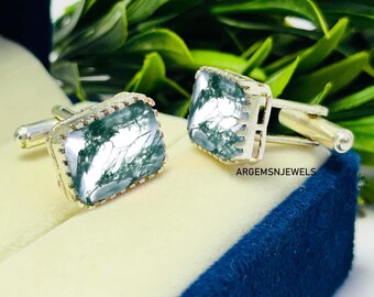 Emerald Cut Moss Agate Cufflinks, Sterling Silver Groomsmen Jewelry