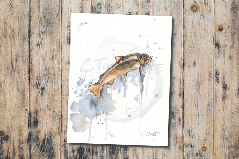drawing painting original watercolor 8.5x11 salmon ocean Adventure hunting and fishing fish illustration to frame river