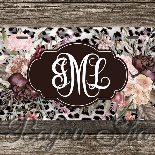 Coral Floral Monogram License Plate Frame - Gray - Personalized Car Tag New-669948