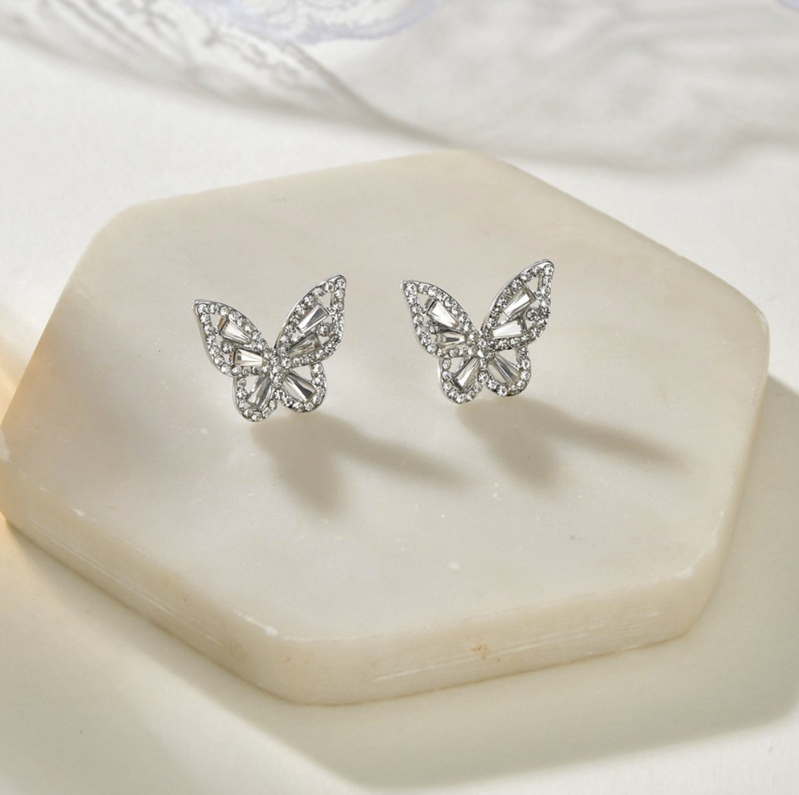 Diamond Butterfly Earrings Gold Silver Etsy