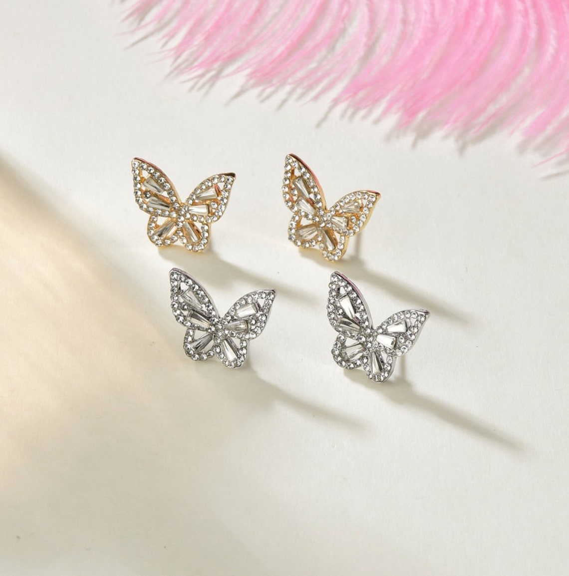 Diamond Butterfly Earrings Gold Silver | Etsy