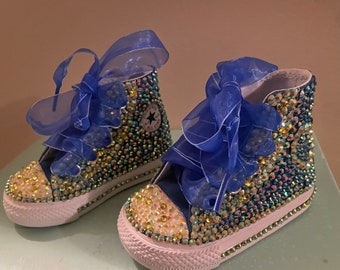 Blue bedazzled Chuck Taylor’s, bedazzled shoes, birthday shoes, birthday gift, Christmas gift