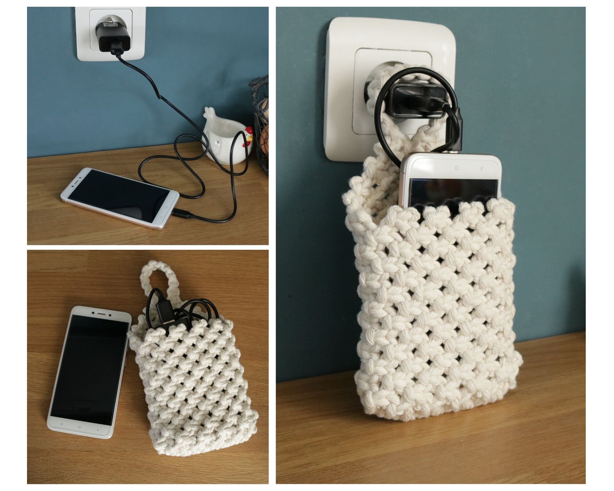 Pochette Chargeur Téléphone en Macramé, Rangement Chargeur, Station de Recharge, Macramé Mural, Orga