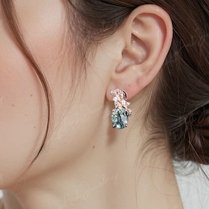 Oval Moss Agate Stud Earrings 14k Rose Gold Wedding Earrings Push Back Earrings Leaf Green stone Teardrops Earrings Anniversary Gifts Women