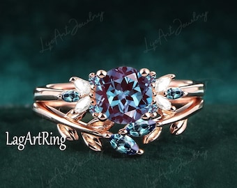 Unique Alexandrite Engagement Ring set 14K solid Gold Promise Ring Vintage Cluster Ring Nature inspired ring Leaf Ring Anniversary Gifts