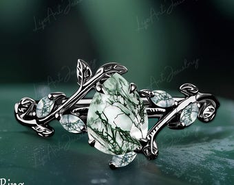Natürliche Birne geschnitten Moosachat Verlobungsring Schwarz Gold Versprechen Ring für sie Blatt und Rebe Ring Grüner Edelstein Ring Schmuck Geschenke Frauen