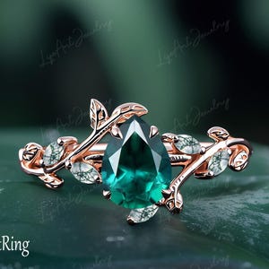 Pear Emerald Engagement ring 14k Rose Gold Ring Twist Leaf Promise Ring for her Green Gemstone Ring May Birthstone ring Jewelry gifts Women