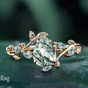 Natural Pear Moss Agate Engagement ring 14K Rose Gold Promise Ring for her Leaf Bridal Ring Green Gemstone Ring Jewelry gifts Women