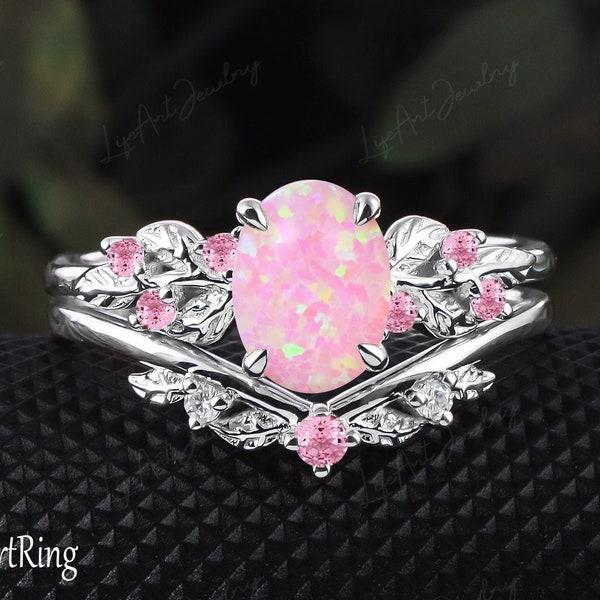Oval cut Pink Opal Engagement ring set 14K White Gold Promise Ring Leaf Nature Inspired Bridal Sets Oct Gemstone Ring anniversary gifts