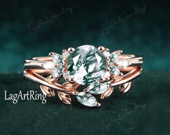 Unique Coupe ronde Moss agate Bague de fiançailles 14K solide Rose Gold Promise Ring vintage Cluster Ring Nature Inspired ring Cadeaux d’anniversaire